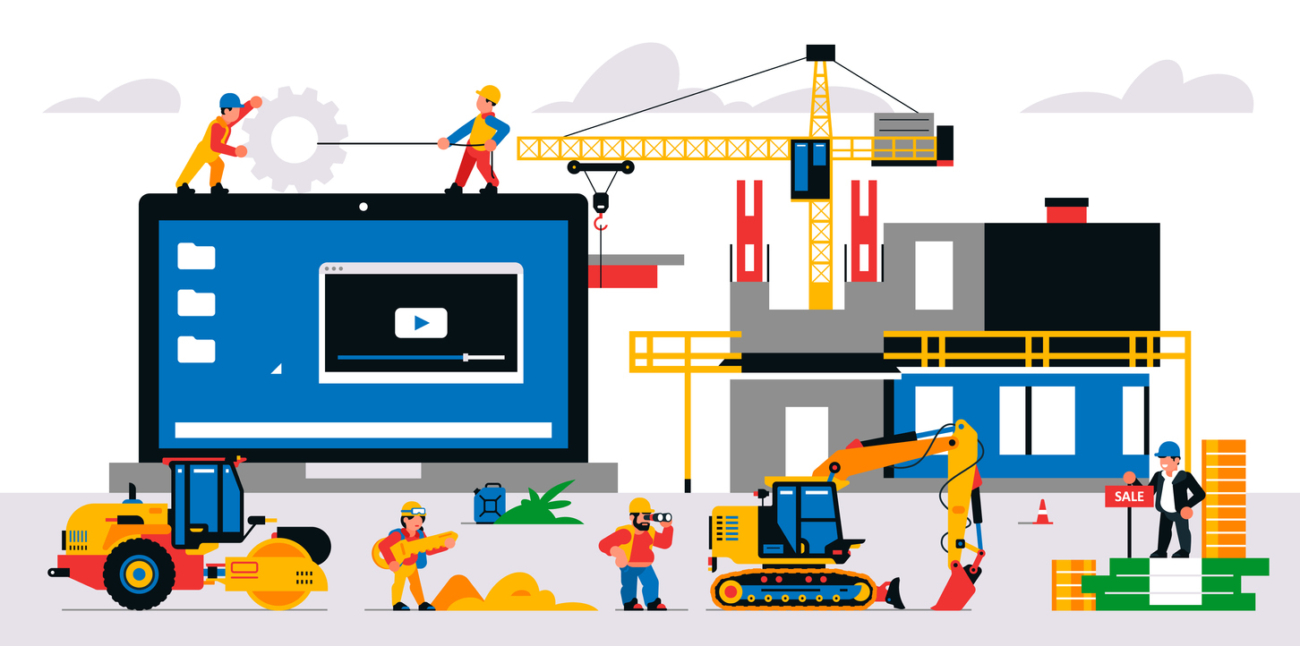 The website is under construction. Technical work, error page. Construction site, machinery, builders, unfinished building, money, coins, gears. Vector illustration on background.