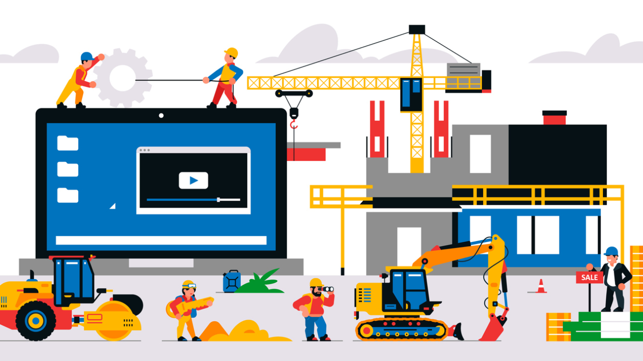 The website is under construction. Technical work, error page. Construction site, machinery, builders, unfinished building, money, coins, gears. Vector illustration on background.